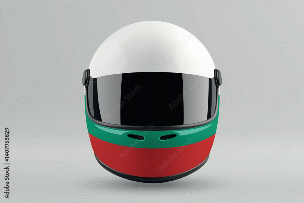 Front view of racing helmet featuring Bulgaria flag colors