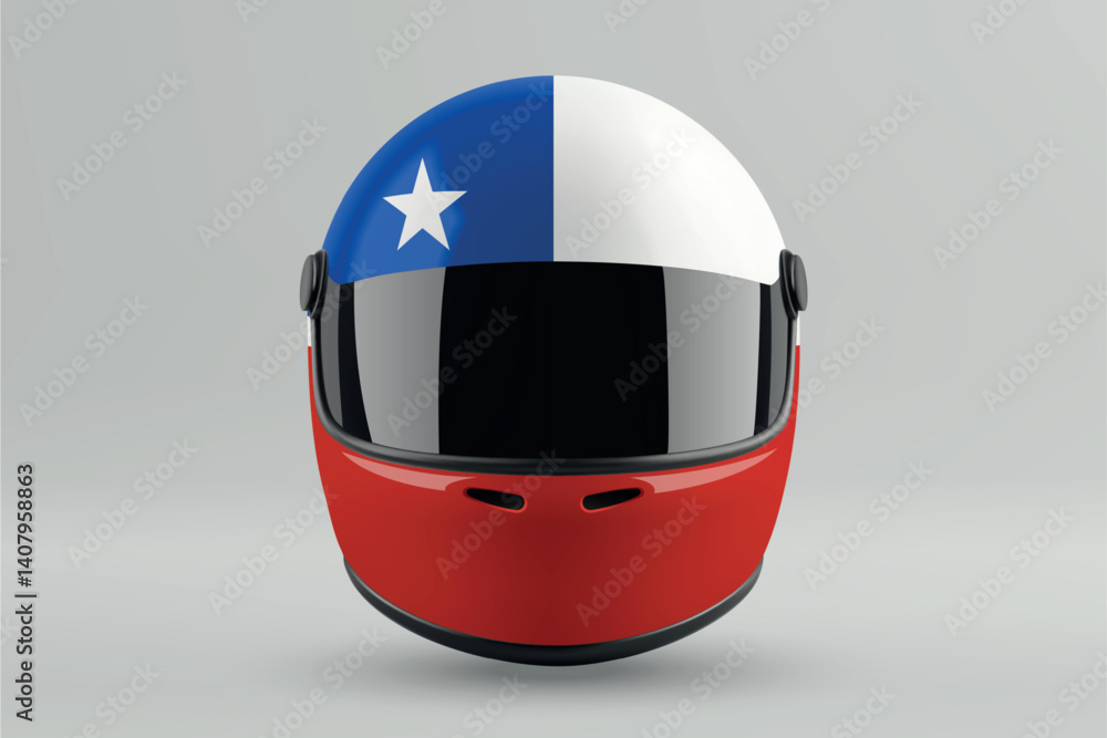 Front view of racing helmet featuring Chile flag colors