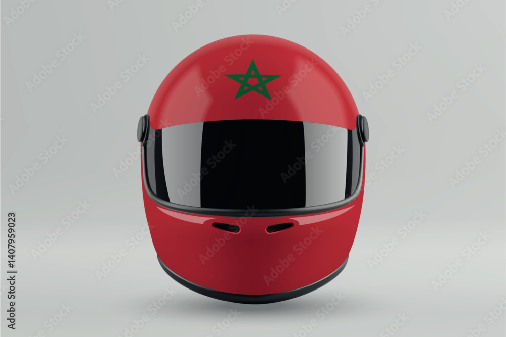 Front view of racing helmet featuring Morocco flag colors