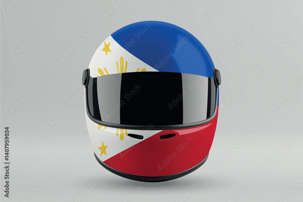 Front view of racing helmet featuring Philippines flag colors