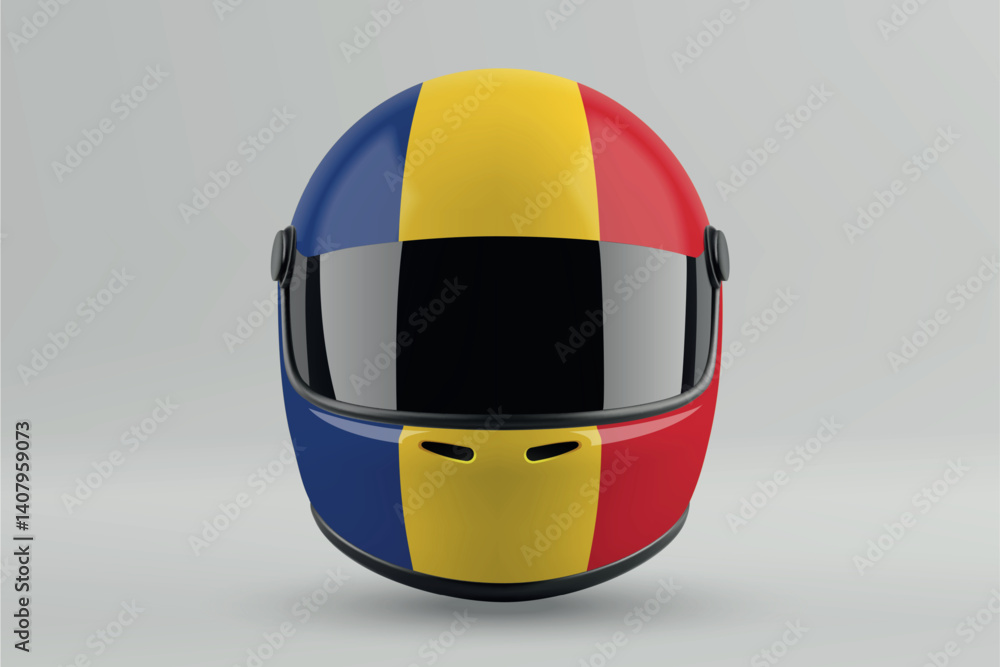 Front view of racing helmet featuring Romania flag colors