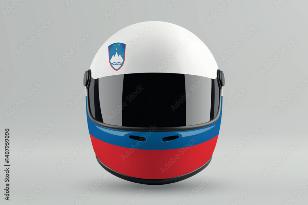 Front view of racing helmet featuring Slovenia flag colors