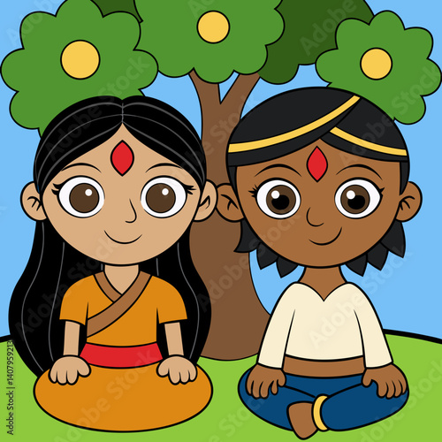 Indian Girl and Boy Sitting Under Tree in Peaceful Setting