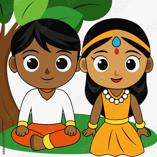 Indian Girl and Boy Sitting Under Tree in Peaceful Setting