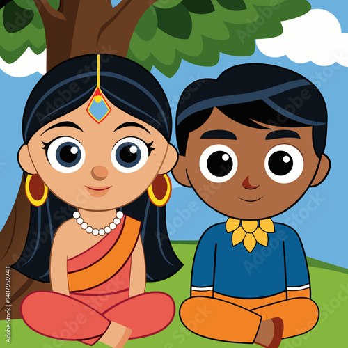 Indian Girl and Boy Sitting Under Tree in Peaceful Setting