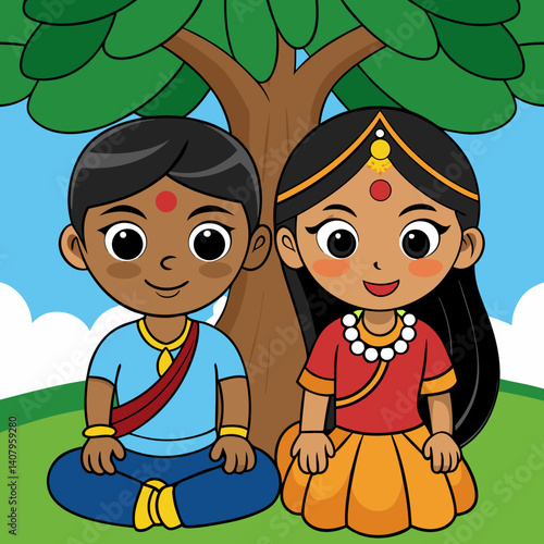 Indian Girl and Boy Sitting Under Tree in Peaceful Setting