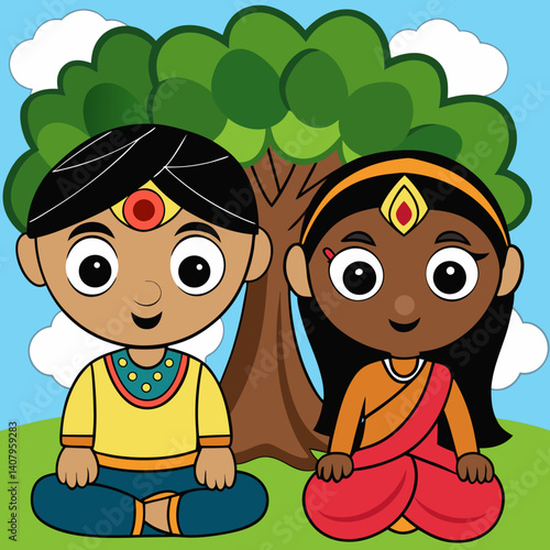 Indian Girl and Boy Sitting Under Tree in Peaceful Setting