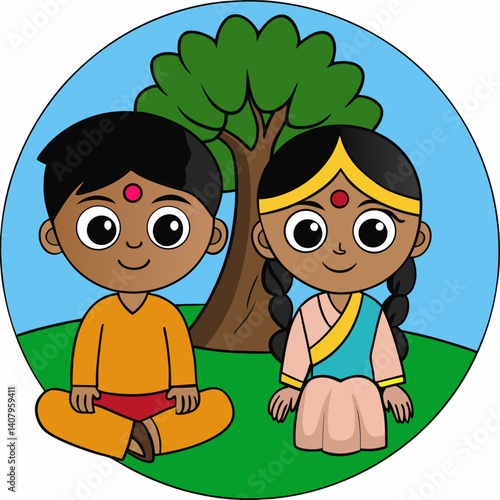 Indian Girl and Boy Sitting Under Tree in Peaceful Setting