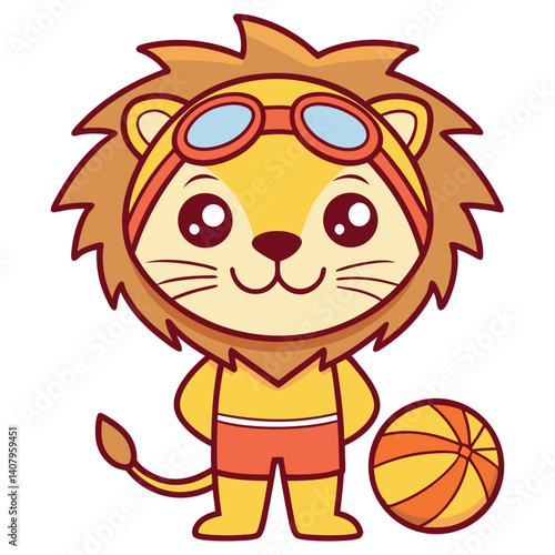 Cartoon lion with goggles, orange shorts holding basketball on white background