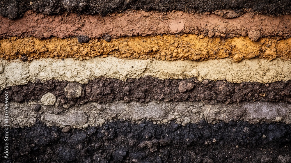 Obraz premium A close up shot showcasing distinct layers of soil with varying colors and textures in a horizontal view