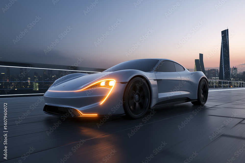 Fototapeta premium Sleek silver electric sports car with glowing LED headlights driving on a modern urban highway during sunset