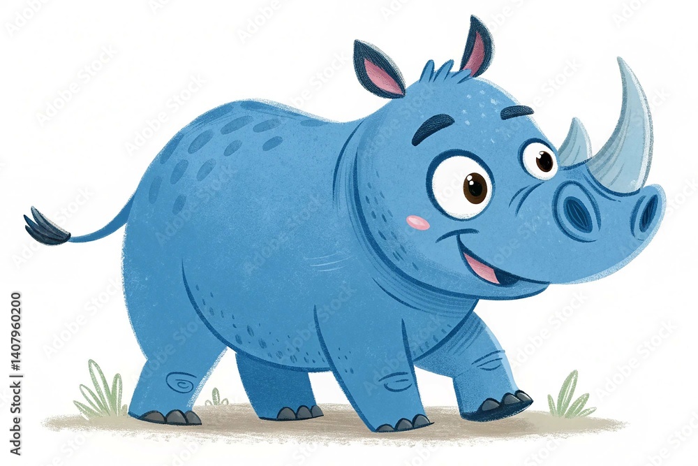 Obraz premium Cute Blue Rhino Character isolated on white background. A playful blue rhino cartoon character isolated on a white background, perfect for children s illustrations or educational designs