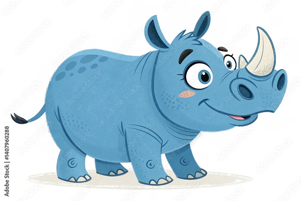 Fototapeta premium Cute Blue Rhino Character isolated on white background. A playful blue rhino cartoon character isolated on a white background, perfect for children s illustrations or educational designs