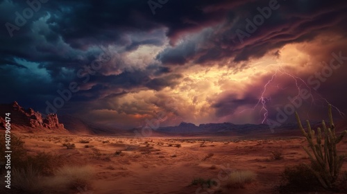 Fototapeta Naklejka Na Ścianę i Meble -  Wide desert landscape with storm clouds and rainfall in distance, cinematic style