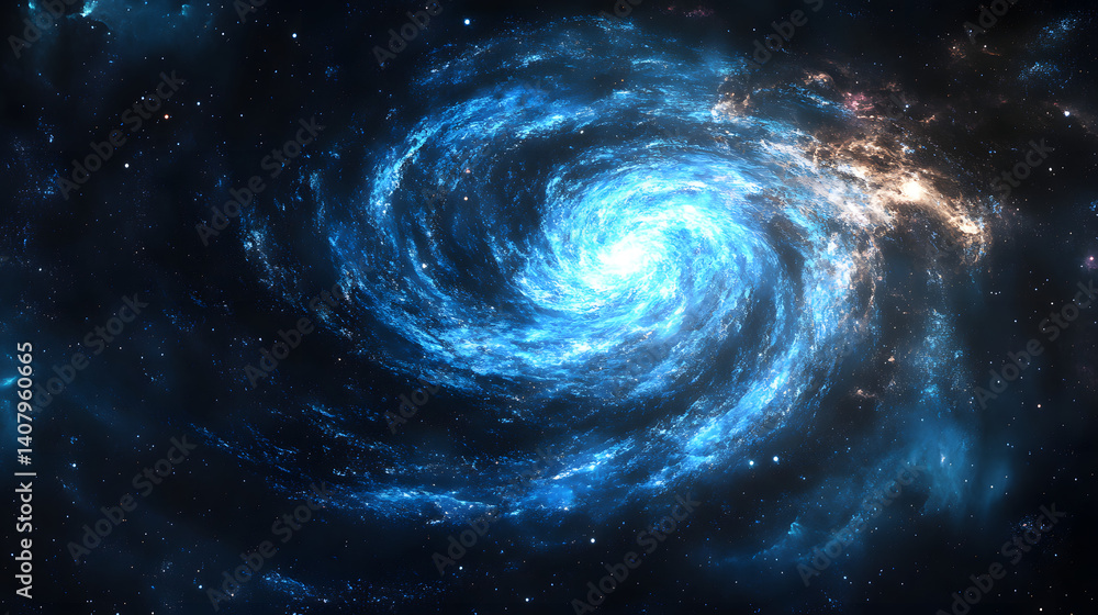 Fototapeta premium A mesmerizing spiral galaxy illuminated by brilliant blue and white hues against a star-studded cosmic backdrop.