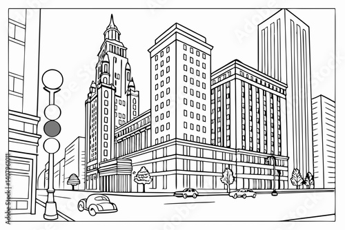 Coloring Pages, City Scenery full of tall buildings, colorless, black and white