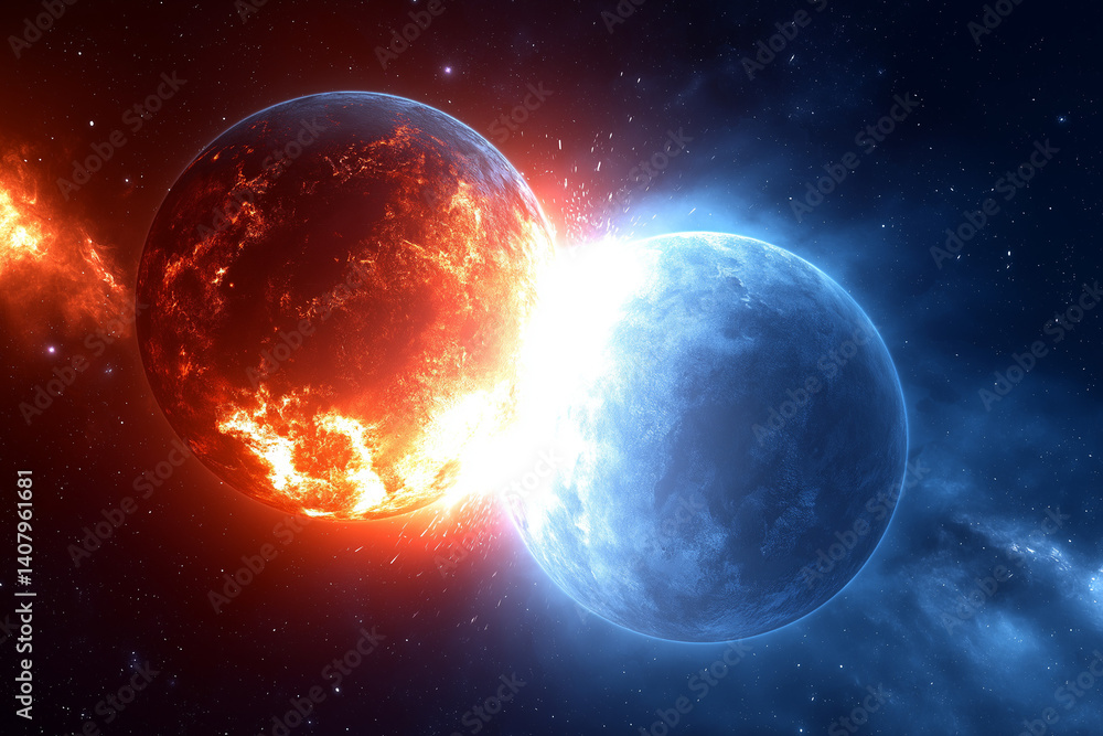 Obraz premium Explosive Impact of Fire and Ice Planets in Space