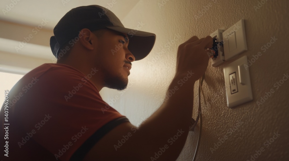 Hispanic electrician installing outlets in a home office. Featuring electrical installation and office construction Hispanic electrician installing outlets in a home office. Featuring electrical installation and office construction