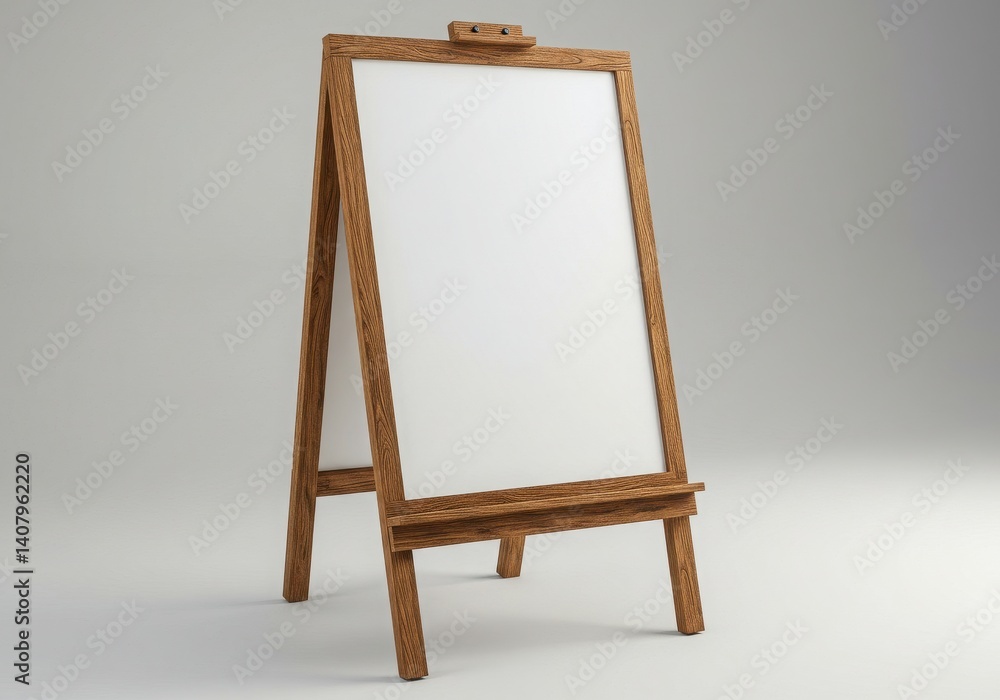 A wooden easel with a blank white canvas stands against a neutral background in a studio setting A wooden easel with a blank white canvas stands against a neutral background in a studio setting
