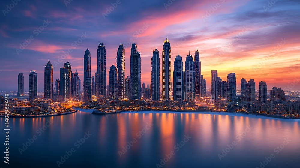 Fototapeta premium Evening skyline reflecting in colorful twilight scenery high resolution picture