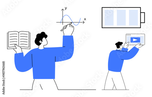 Person holding book and drawing graph, another holding tablet with play button, battery indicator. Ideal for education, productivity, e-learning, energy, growth, media and simple landing page