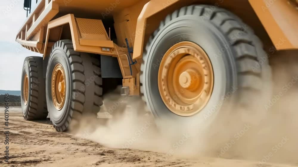 Yellow mining truck kicks up dust while driving on a mining site Yellow mining truck kicks up dust while driving on a mining site
