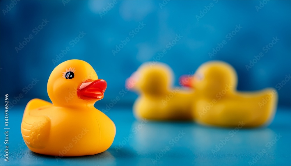 cute yellow rubber duck on the light blue blurred background with other ducks background with copy space cute yellow rubber duck on the light blue blurred background with other ducks background with copy space