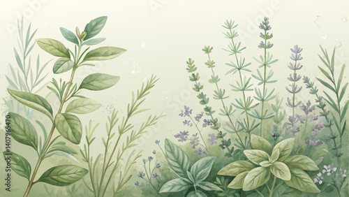 Delicate watercolor herb garden with rosemary, basil, and thyme in muted greens – organic and peaceful backdrop with copy space 