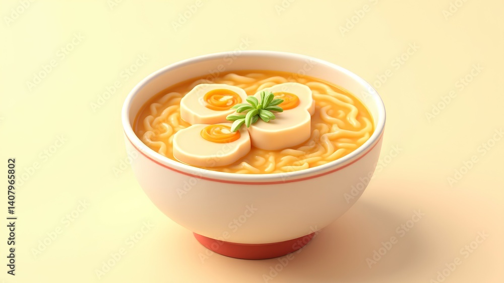 A vibrant bowl of ramen noodles topped with soft-boiled eggs and herbs, set against a light background, showcasing an appetizing and comforting meal. A vibrant bowl of ramen noodles topped with soft-boiled eggs and herbs, set against a light background, showcasing an appetizing and comforting meal.