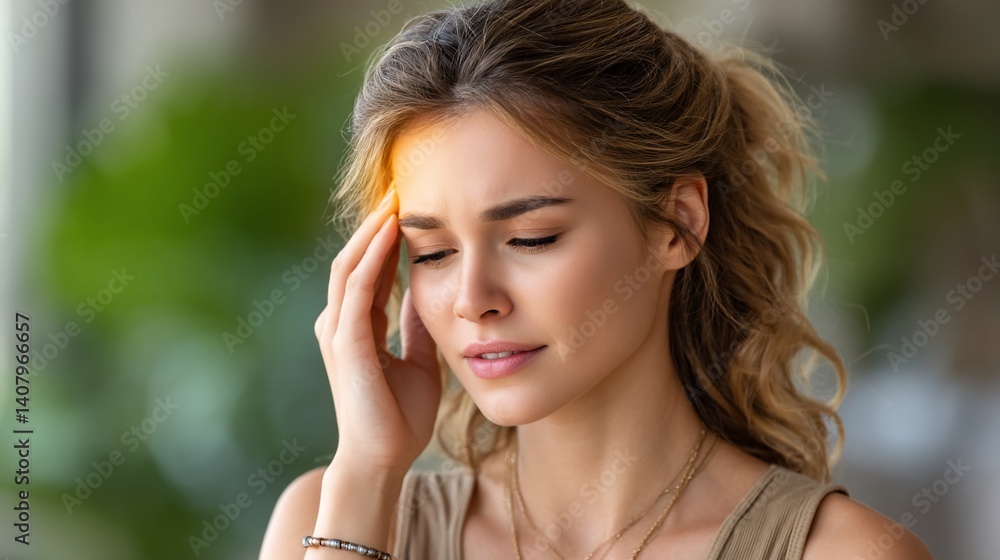 Woman with a headache, touching her forehead with her eyes closed, and bright light Woman with a headache, touching her forehead with her eyes closed, and bright light