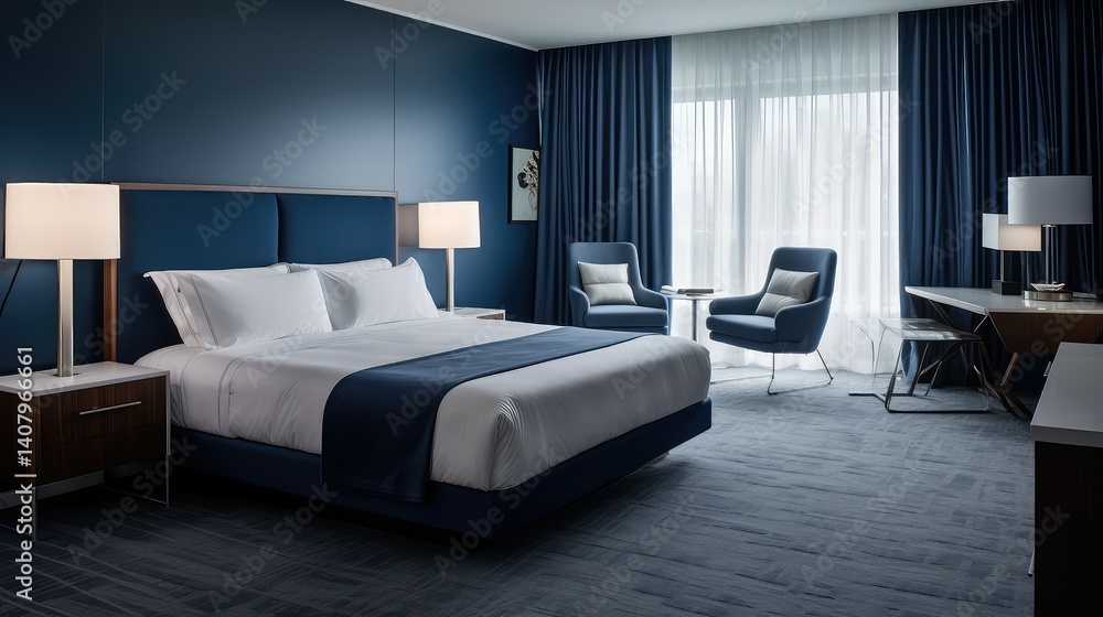 Fototapeta premium sleek hotel room blue
