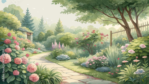 Watercolor garden landscape with lush foliage and blooming flowers – serene and inviting backdrop with copy space  