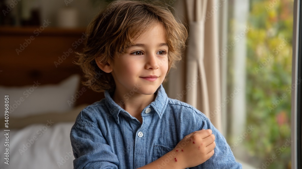 Young boy with light brown hair wearing a blue denim shirt. Looking out the window Young boy with light brown hair wearing a blue denim shirt. Looking out the window