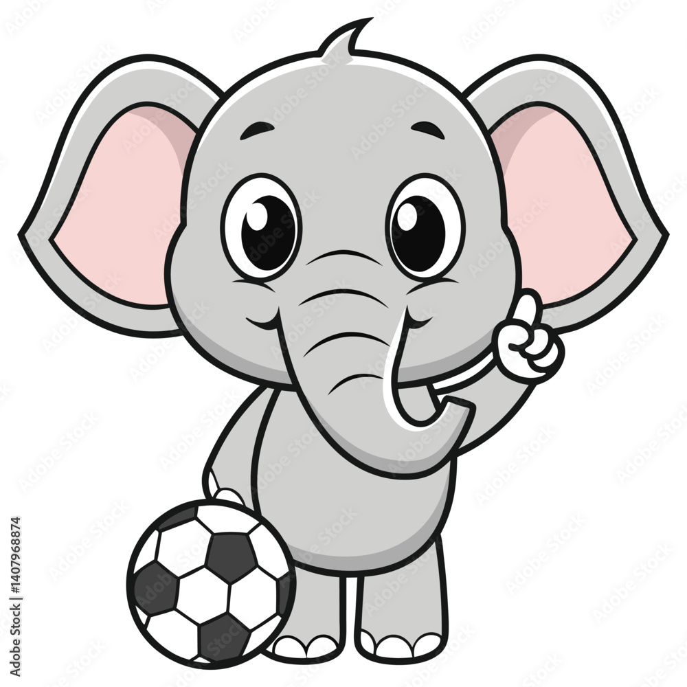 Fototapeta premium Cartoon Elephant Holding a Football, Gesturing Upward with Finger, on White