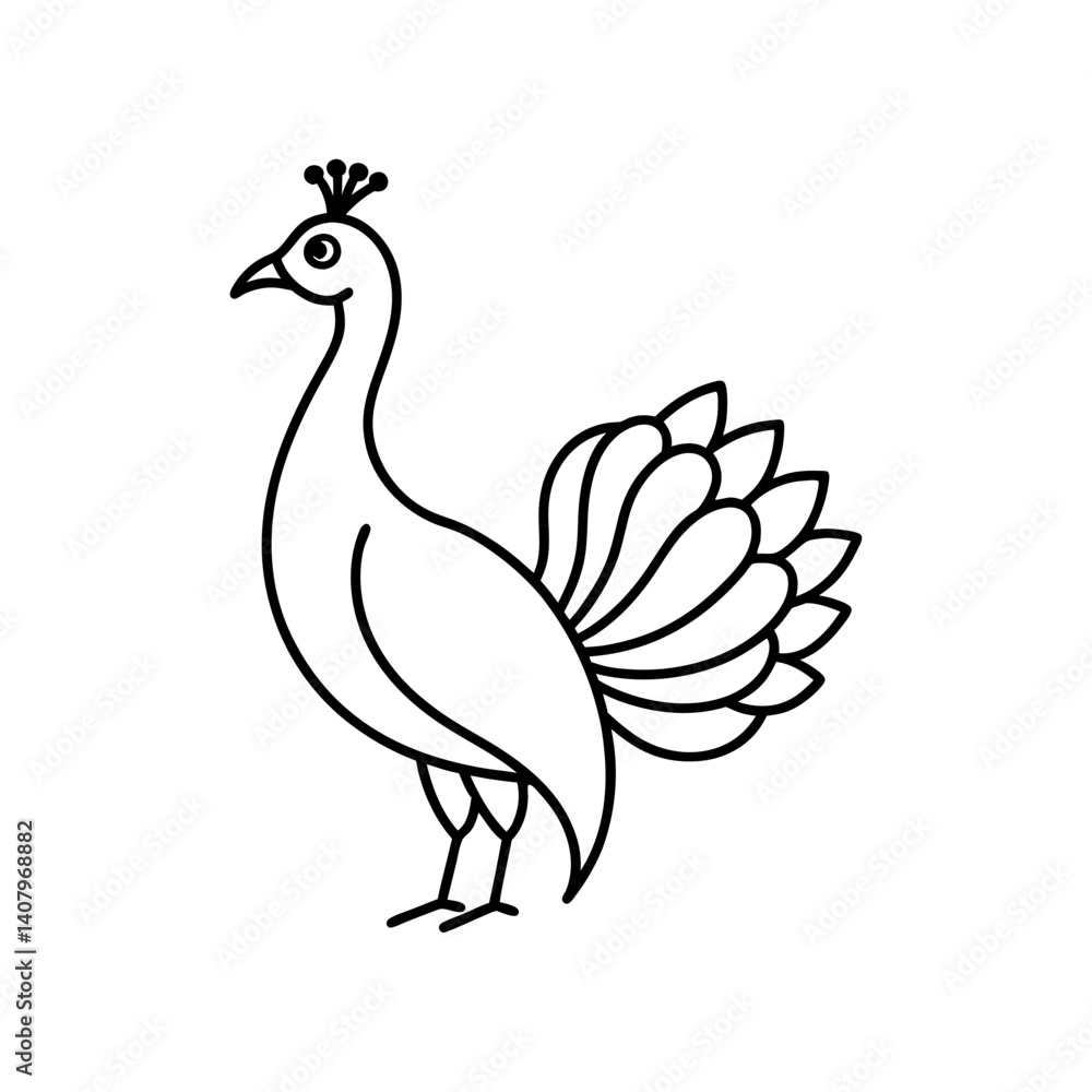 Fototapeta premium Peacock with open tail in simple lines art vector