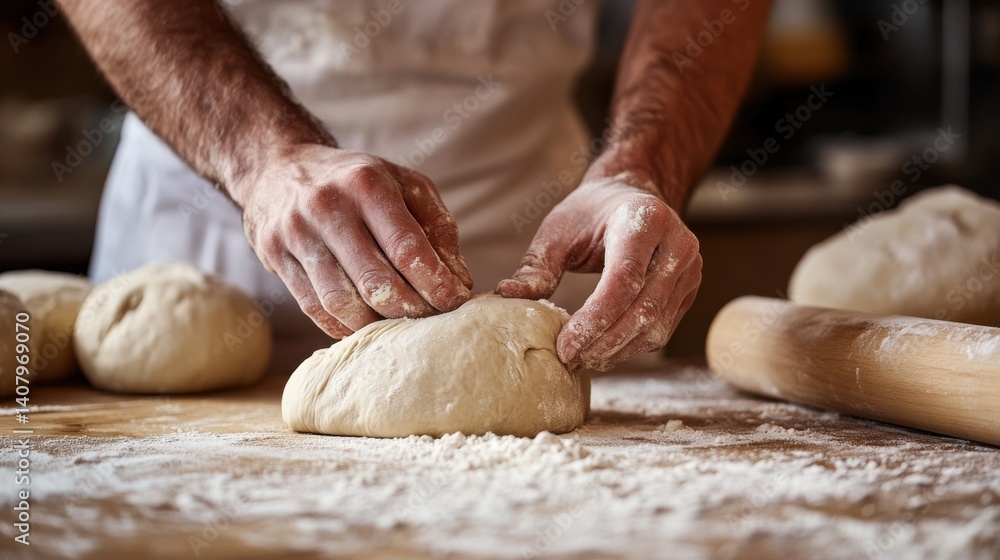 Baker skillfully kneading fresh dough on a floured wooden countertop. Featuring craftsmanship and tradition Baker skillfully kneading fresh dough on a floured wooden countertop. Featuring craftsmanship and tradition
