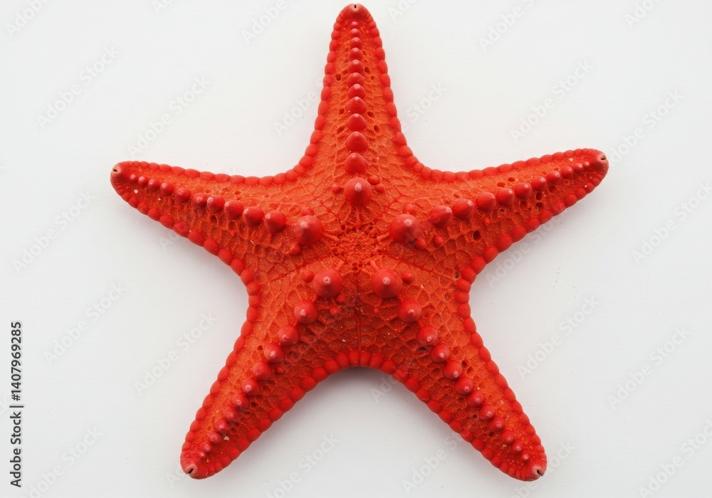 A bright red starfish with five arms lying flat against a white background in a studio shot A bright red starfish with five arms lying flat against a white background in a studio shot