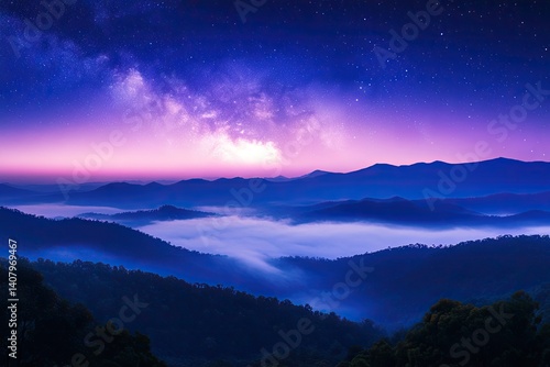 Misty mountain sunrise with vibrant Milky Way