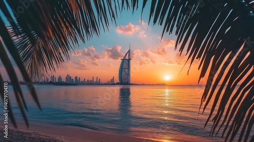 View of burj al arab and dubai skyline at sunset framed by palm fronds on a beach in the united arab emirates