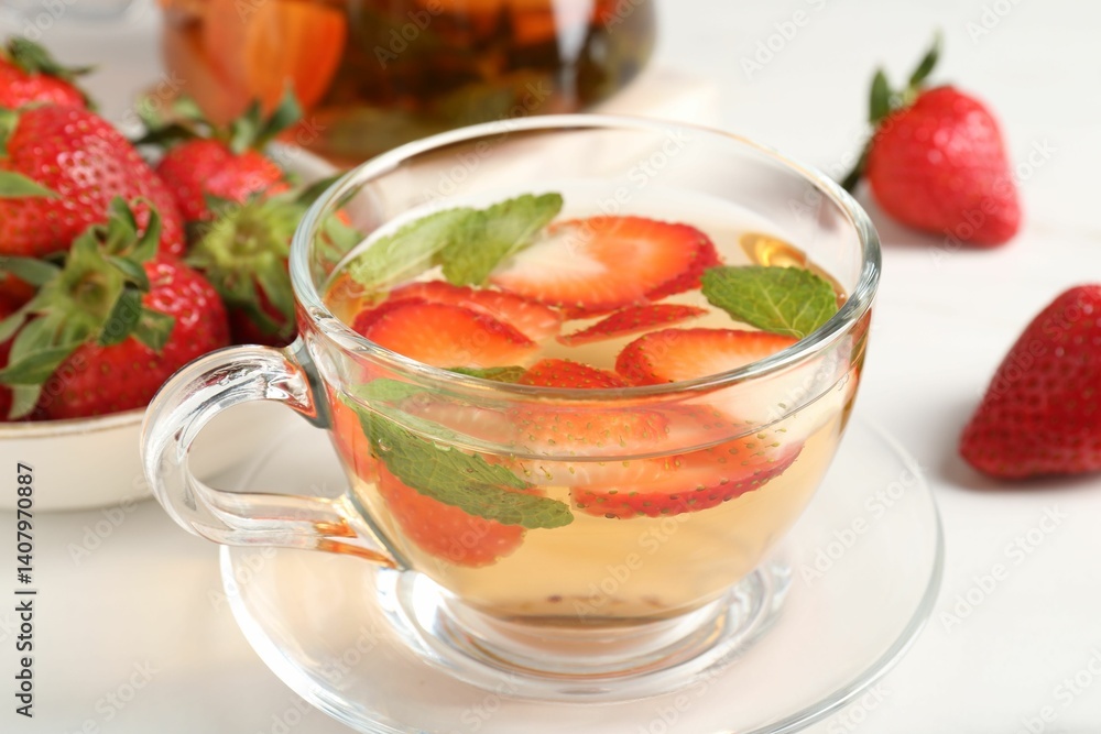 Aromatic fruit tea with strawberries and mint on white table, closeup Aromatic fruit tea with strawberries and mint on white table, closeup