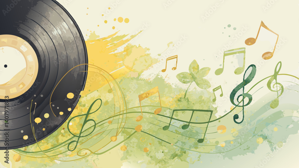 Obraz premium Watercolor music notes overlay on vinyl record in soft yellow and green – harmonious musical backdrop with copy space 