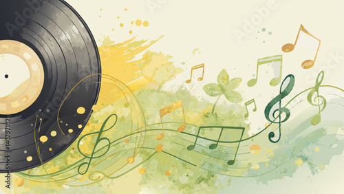 Watercolor music notes overlay on vinyl record in soft yellow and green – harmonious musical backdrop with copy space  