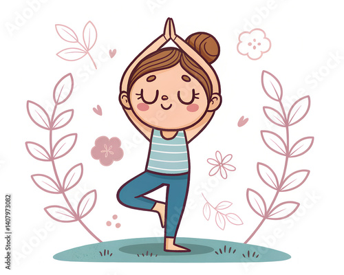 Girl practicing yoga in a tranquil floral setting  