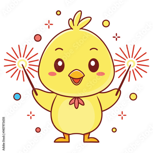 Joyful Yellow Chick Cartoon Character Waving Sparklers on White Background