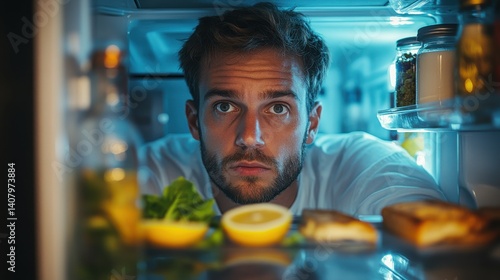 hungry adult caucasian businessman entrepreneur man after work open empty refrigerator,half lemon lettuce leaf bottle of milk,slice of bread eat crumbs pov point of view from inside fridge