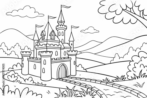 Coloring Pages, Scenery of a magnificent kingdom, colorless, black and white