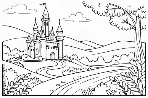 Coloring Pages, Scenery of a magnificent kingdom, colorless, black and white