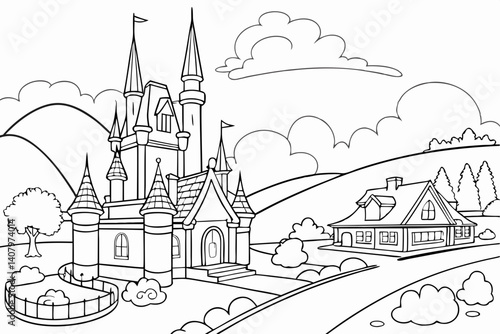 Coloring Pages, Scenery of a magnificent kingdom, colorless, black and white