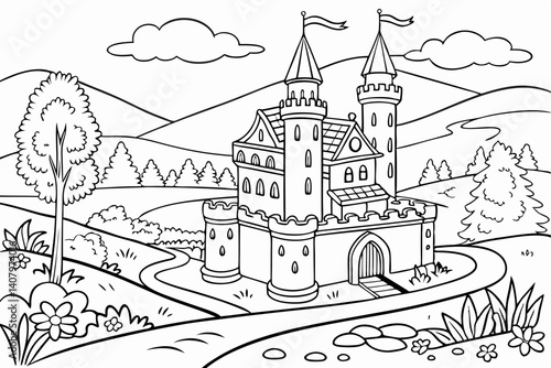 Coloring Pages, Scenery of a magnificent kingdom, colorless, black and white