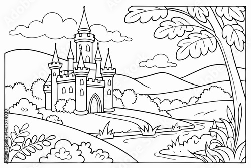 Coloring Pages, Scenery of a magnificent kingdom, colorless, black and white
